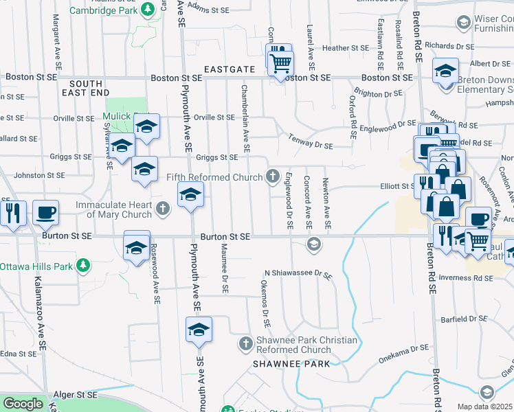 map of restaurants, bars, coffee shops, grocery stores, and more near 1910 Chamberlain Avenue Southeast in Grand Rapids
