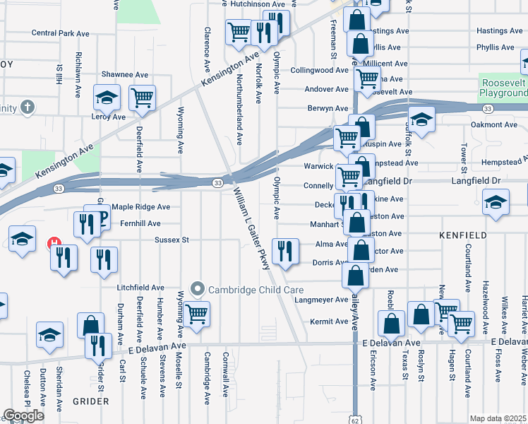 map of restaurants, bars, coffee shops, grocery stores, and more near 491 Norfolk Avenue in Buffalo