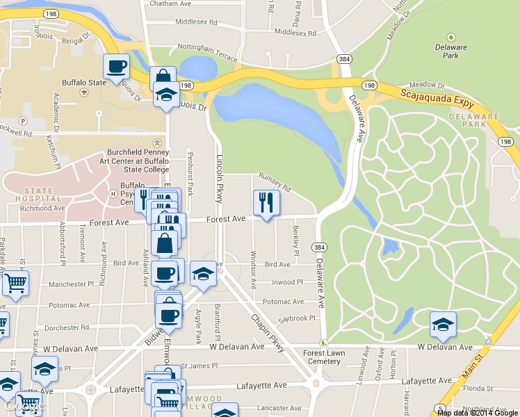 map of restaurants, bars, coffee shops, grocery stores, and more near 149 Windsor Ave in Buffalo