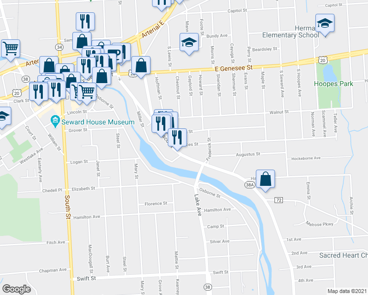 map of restaurants, bars, coffee shops, grocery stores, and more near 6 Frances Street in Auburn