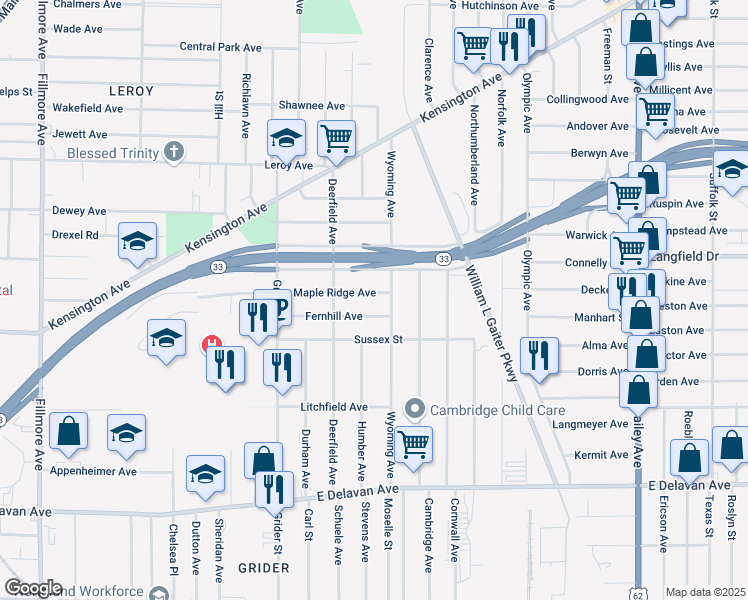 map of restaurants, bars, coffee shops, grocery stores, and more near 107 Maple Ridge Avenue in Buffalo