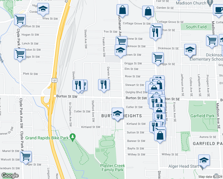 map of restaurants, bars, coffee shops, grocery stores, and more near 1928 Darwin Avenue Southwest in Grand Rapids