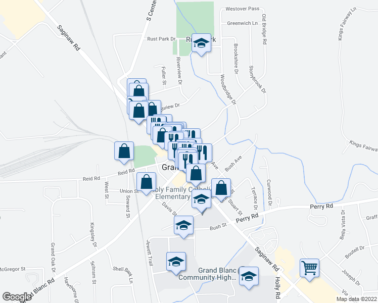 map of restaurants, bars, coffee shops, grocery stores, and more near 11395 South Saginaw Street in Grand Blanc