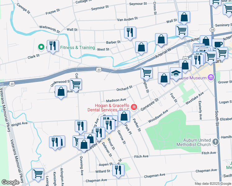 map of restaurants, bars, coffee shops, grocery stores, and more near 66 Orchard Street in Auburn