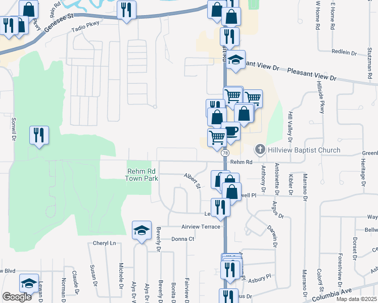map of restaurants, bars, coffee shops, grocery stores, and more near 79 Patsy Lane in Depew