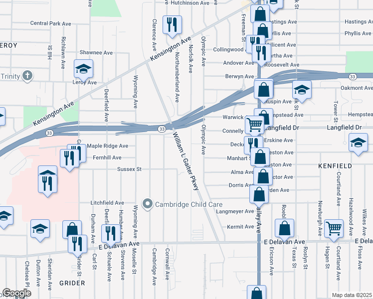 map of restaurants, bars, coffee shops, grocery stores, and more near 495 Cornwall Avenue in Buffalo