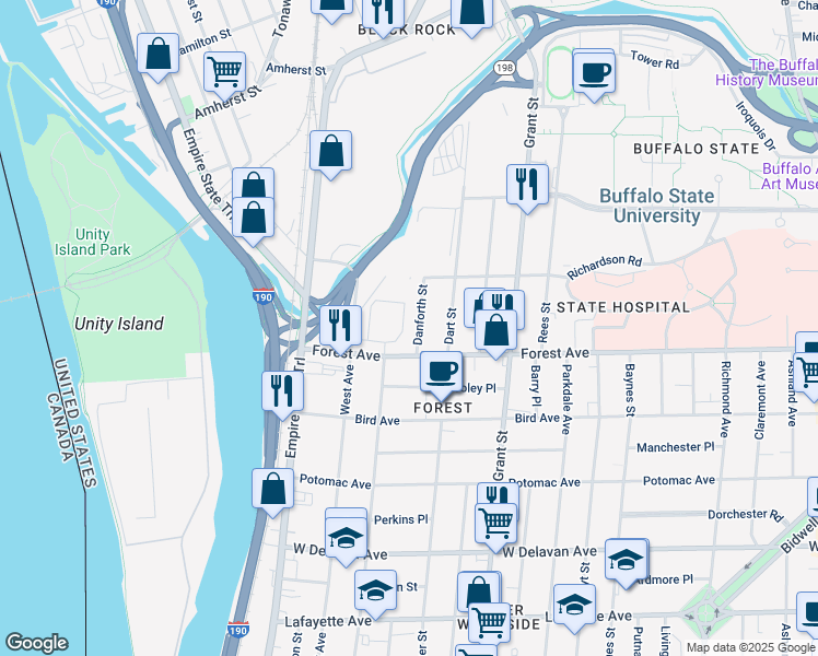 map of restaurants, bars, coffee shops, grocery stores, and more near 100 Forest Avenue in Buffalo