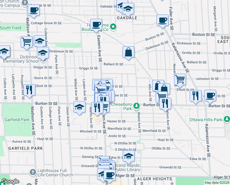 map of restaurants, bars, coffee shops, grocery stores, and more near 827 Ardmore Street Southeast in Grand Rapids