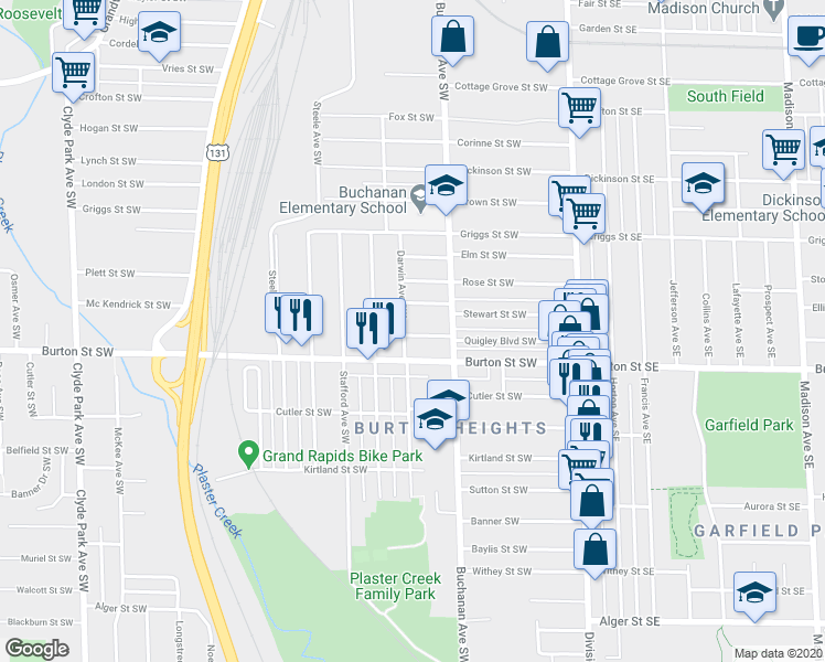 map of restaurants, bars, coffee shops, grocery stores, and more near 219 Quigley Boulevard Southwest in Grand Rapids