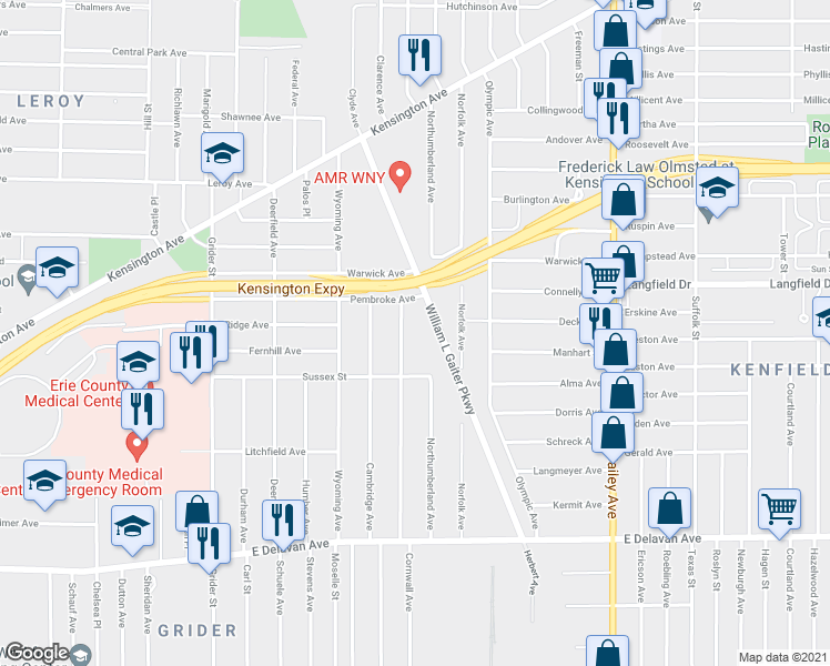 map of restaurants, bars, coffee shops, grocery stores, and more near 495 Cornwall Avenue in Buffalo