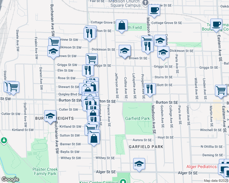 map of restaurants, bars, coffee shops, grocery stores, and more near 1947 Jefferson Avenue Southeast in Grand Rapids
