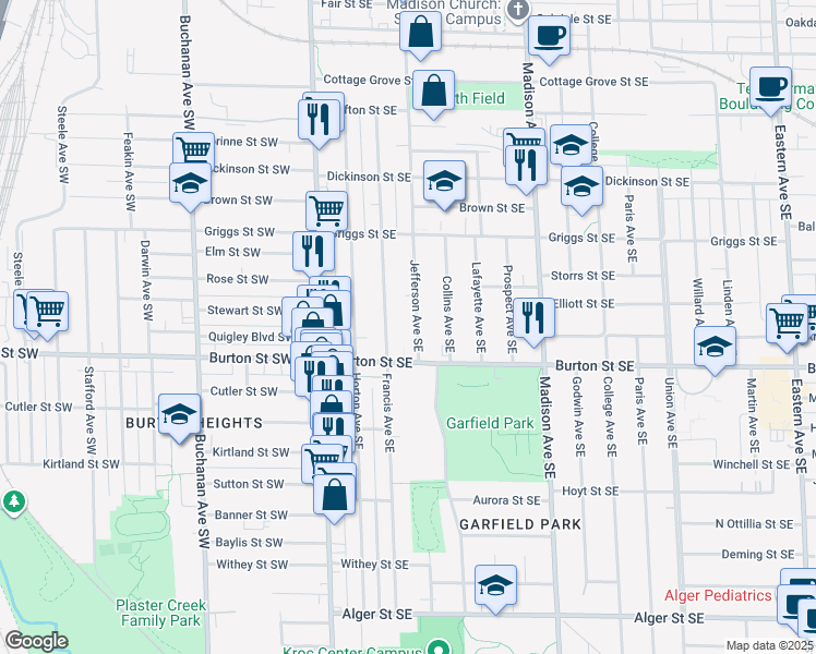 map of restaurants, bars, coffee shops, grocery stores, and more near 1947 Jefferson Avenue Southeast in Grand Rapids