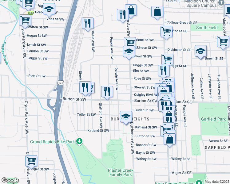 map of restaurants, bars, coffee shops, grocery stores, and more near 1927 Darwin Avenue Southwest in Grand Rapids