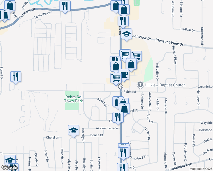 map of restaurants, bars, coffee shops, grocery stores, and more near 116 Patsy Lane in Depew