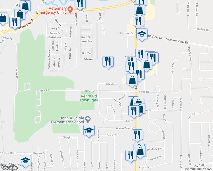 map of restaurants, bars, coffee shops, grocery stores, and more near 59 Patsy Lane in Depew