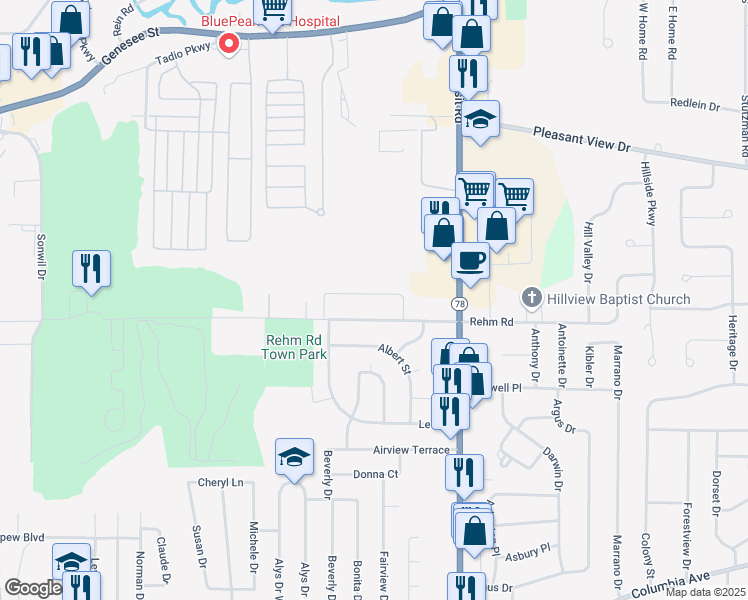 map of restaurants, bars, coffee shops, grocery stores, and more near 79 Patsy Lane in Depew