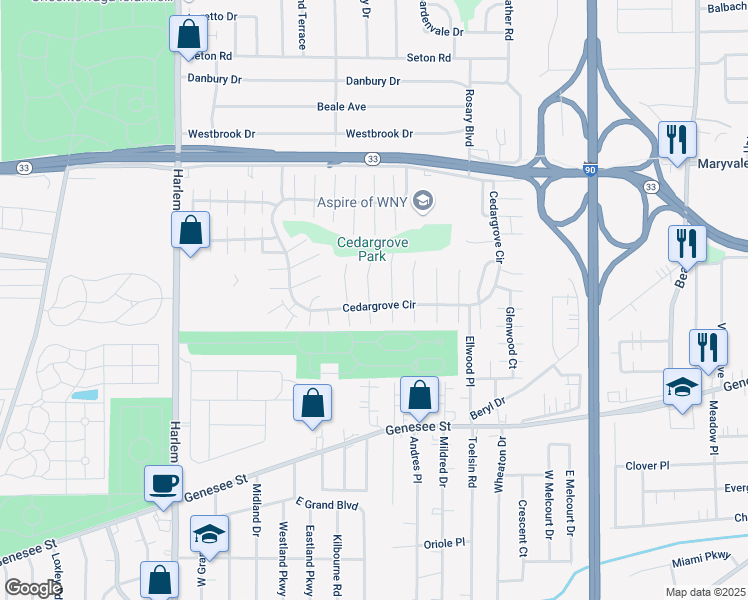map of restaurants, bars, coffee shops, grocery stores, and more near 13 Rockleigh Drive in Buffalo