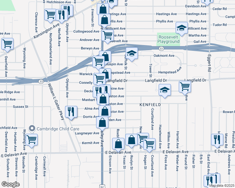 map of restaurants, bars, coffee shops, grocery stores, and more near 54 Weston Avenue in Buffalo