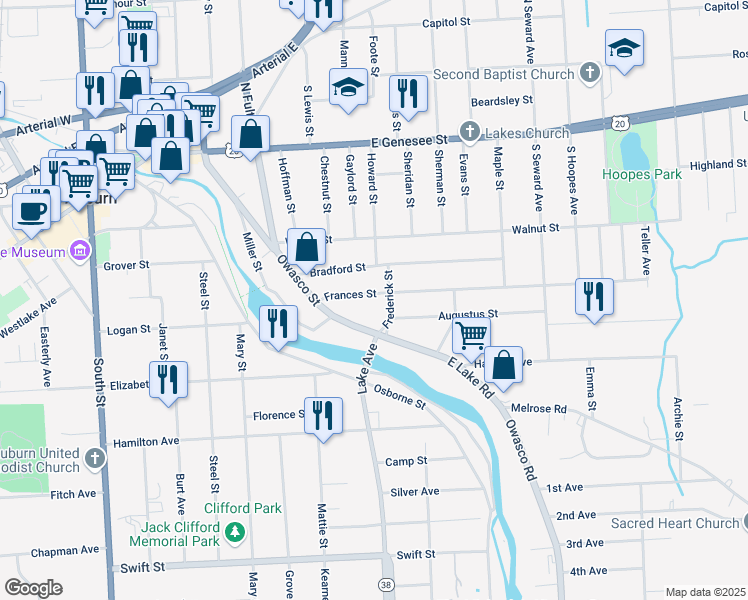 map of restaurants, bars, coffee shops, grocery stores, and more near 24 Frances Street in Auburn