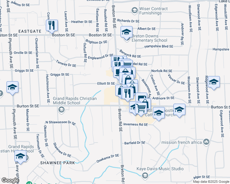 map of restaurants, bars, coffee shops, grocery stores, and more near 1925 Breton Road Southeast in Grand Rapids