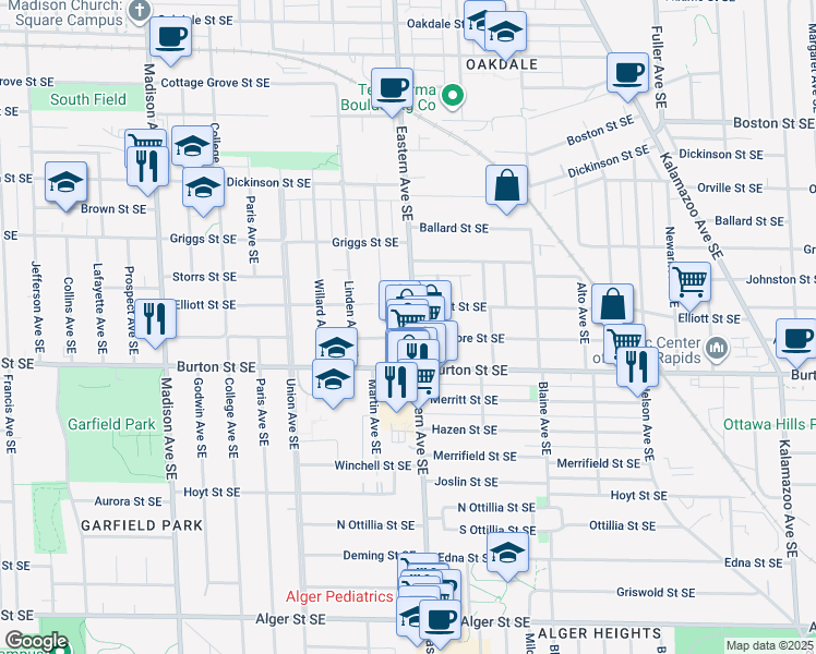 map of restaurants, bars, coffee shops, grocery stores, and more near 1919 Eastern Avenue Southeast in Grand Rapids