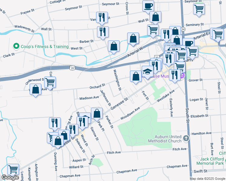 map of restaurants, bars, coffee shops, grocery stores, and more near 10 Orchard Avenue in Auburn