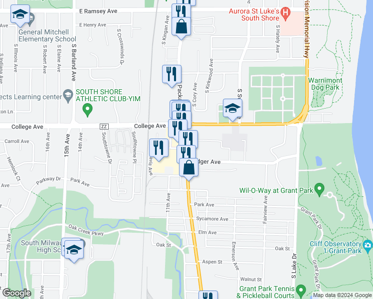 map of restaurants, bars, coffee shops, grocery stores, and more near 201 North Chicago Avenue in South Milwaukee