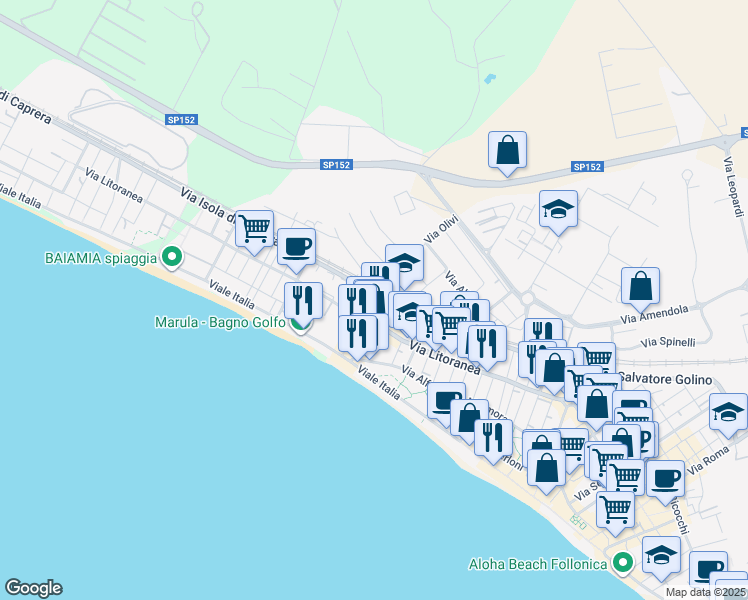 map of restaurants, bars, coffee shops, grocery stores, and more near 63 Via Don Bigi in Follonica