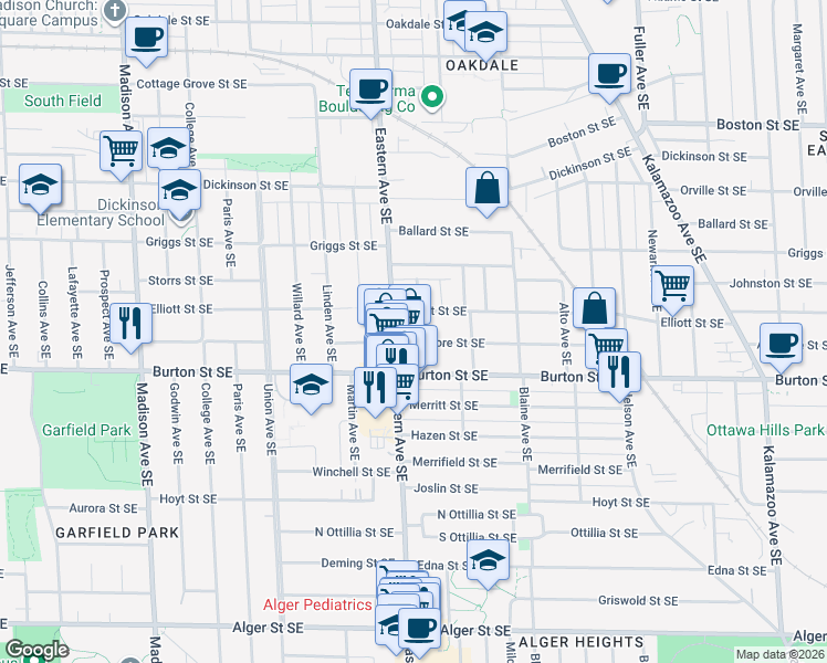 map of restaurants, bars, coffee shops, grocery stores, and more near 815 Ardmore Street Southeast in Grand Rapids