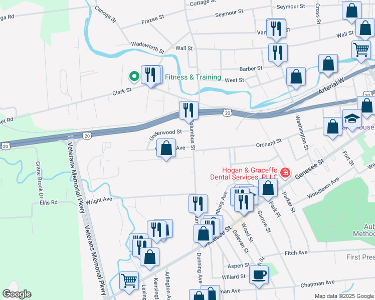 map of restaurants, bars, coffee shops, grocery stores, and more near 2 Wallace Avenue in Auburn