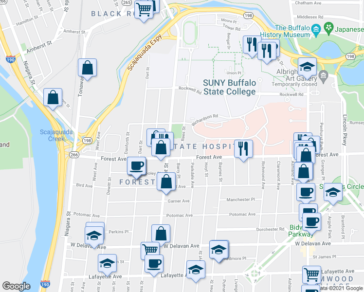 map of restaurants, bars, coffee shops, grocery stores, and more near 24 Rees St in Buffalo