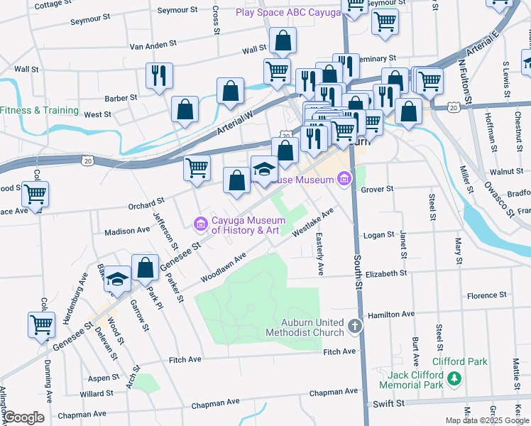 map of restaurants, bars, coffee shops, grocery stores, and more near 176 Genesee Street in Auburn