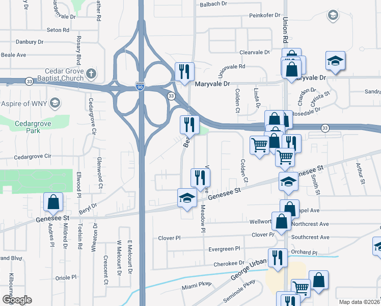 map of restaurants, bars, coffee shops, grocery stores, and more near 108 Cunard Avenue in Buffalo