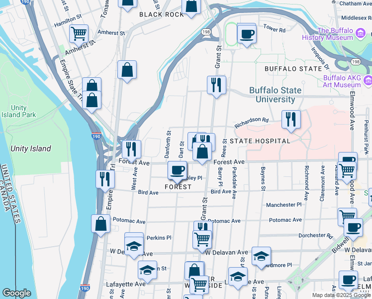 map of restaurants, bars, coffee shops, grocery stores, and more near 26 Hawley Street in Buffalo