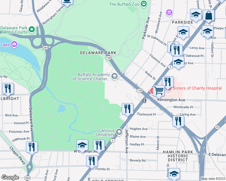 map of restaurants, bars, coffee shops, grocery stores, and more near 18 Agassiz Circle in Buffalo
