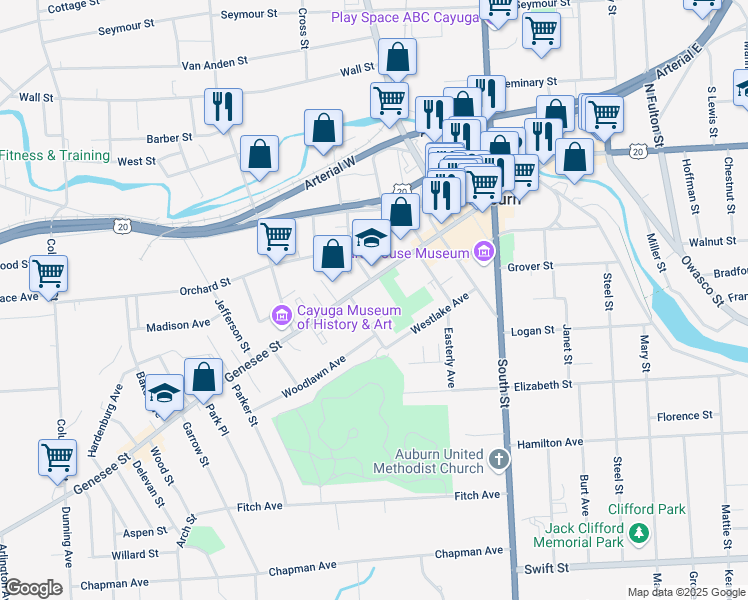 map of restaurants, bars, coffee shops, grocery stores, and more near 176 Genesee Street in Auburn