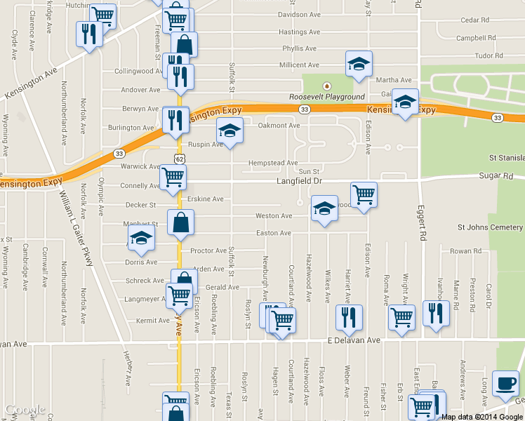 map of restaurants, bars, coffee shops, grocery stores, and more near 138 Weston Ave in Buffalo