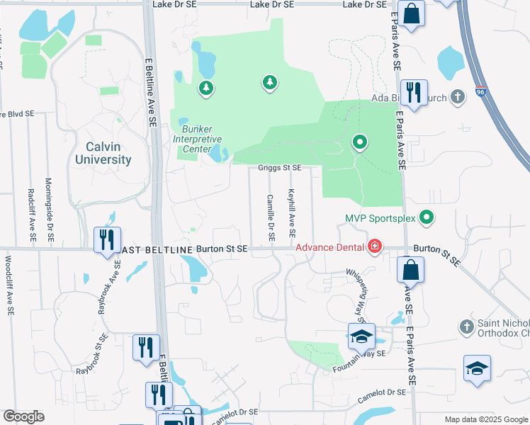 map of restaurants, bars, coffee shops, grocery stores, and more near 1913 Camille Drive Southeast in Grand Rapids