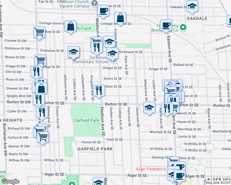 map of restaurants, bars, coffee shops, grocery stores, and more near 449 Ardmore Street Southeast in Grand Rapids