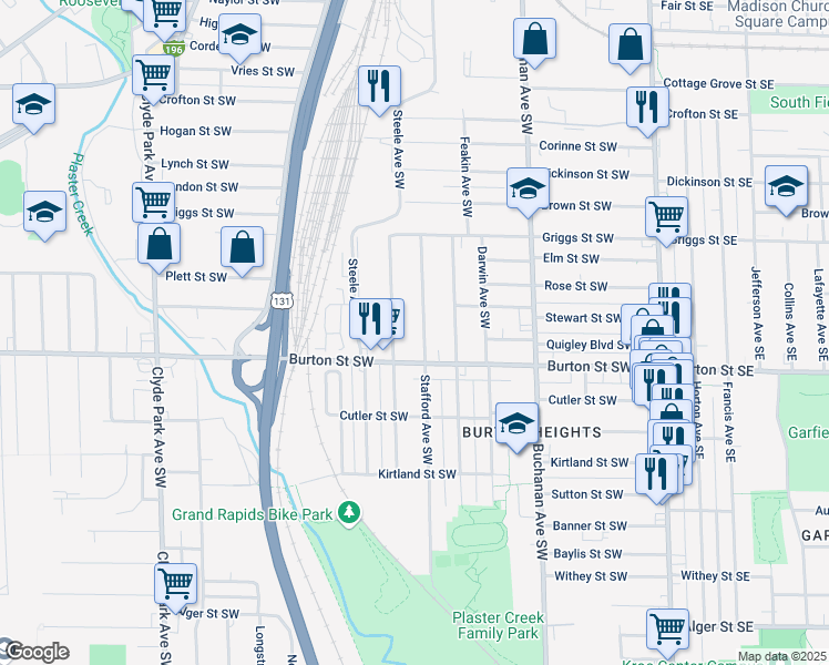 map of restaurants, bars, coffee shops, grocery stores, and more near 1925 Stafford Avenue Southwest in Grand Rapids