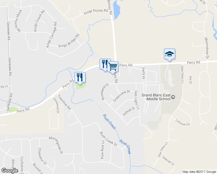 map of restaurants, bars, coffee shops, grocery stores, and more near 12023 Riverbend Drive in Grand Blanc
