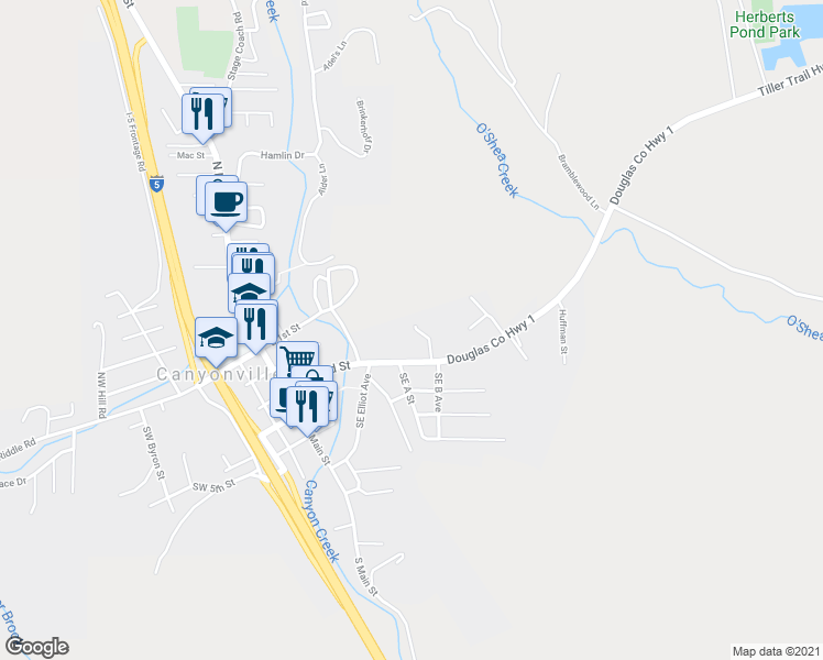 map of restaurants, bars, coffee shops, grocery stores, and more near 394 Maylea Place in Canyonville