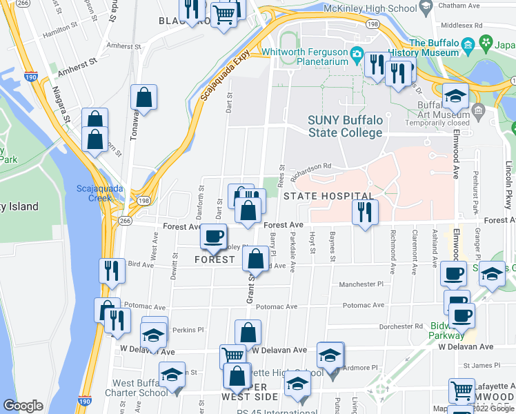 map of restaurants, bars, coffee shops, grocery stores, and more near 536 Grant Street in Buffalo