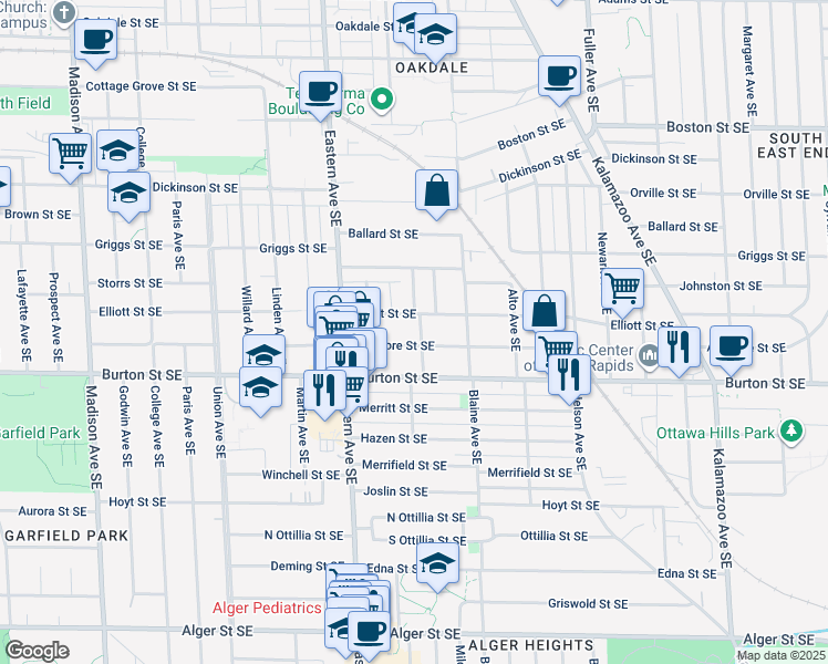 map of restaurants, bars, coffee shops, grocery stores, and more near 1915 Thelma Avenue Southeast in Grand Rapids
