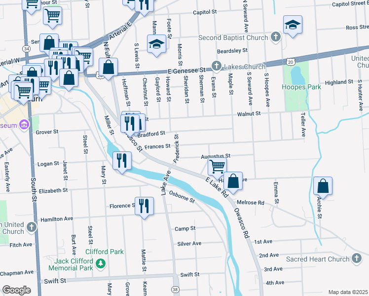 map of restaurants, bars, coffee shops, grocery stores, and more near 36 Frances Street in Auburn