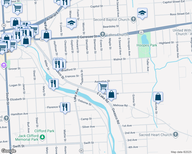 map of restaurants, bars, coffee shops, grocery stores, and more near 50 Frances Street in Auburn