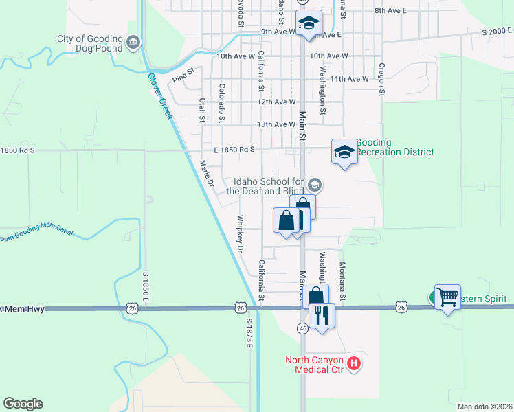 map of restaurants, bars, coffee shops, grocery stores, and more near 1711 California Street in Gooding