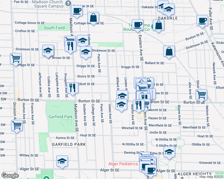 map of restaurants, bars, coffee shops, grocery stores, and more near 1918 Union Avenue Southeast in Grand Rapids