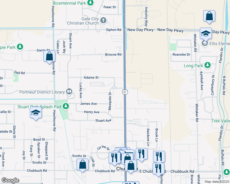 map of restaurants, bars, coffee shops, grocery stores, and more near 5249 Mesquite Drive in Chubbuck