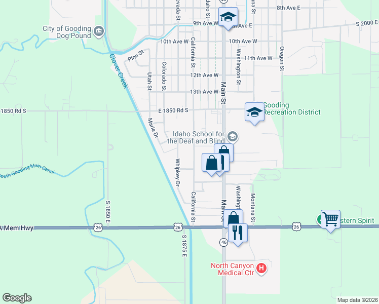 map of restaurants, bars, coffee shops, grocery stores, and more near 1711 California Street in Gooding